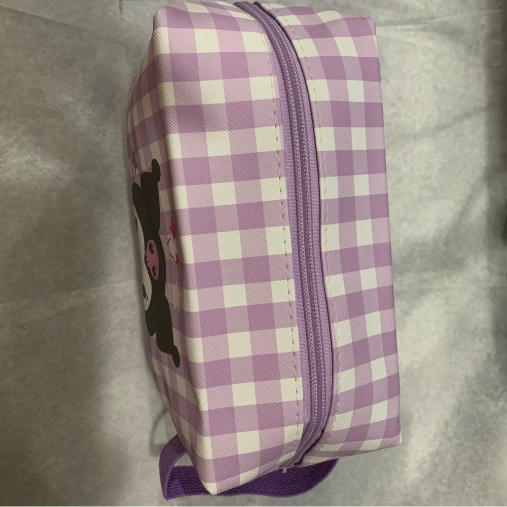 Kuromi Purple and White Gingham Check Zip Make Up Bag Pouch with Side Handle